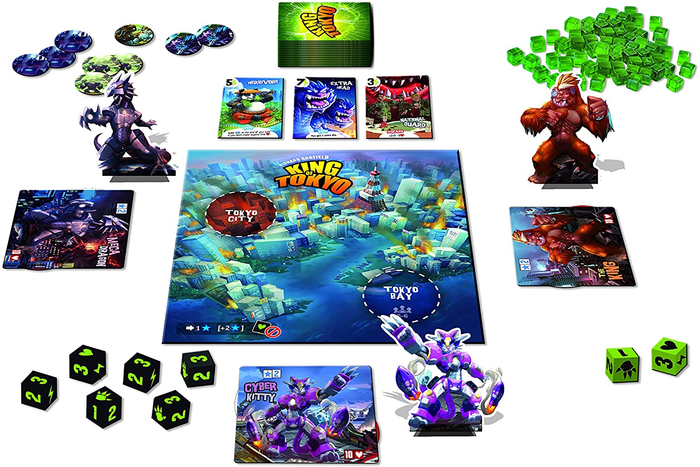 the board game, featuring figurines, cards, and a variety of colored dice and tokens