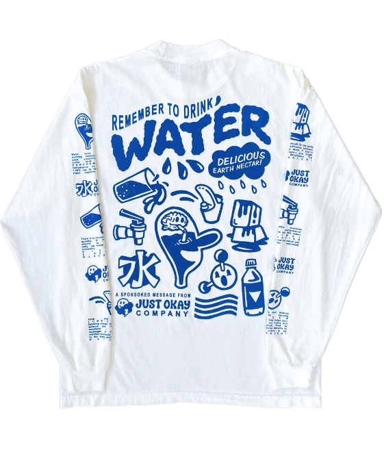 The back of the shirt showcases blue water-themed graphics with the phrase 'remember to drink water' in blue font.