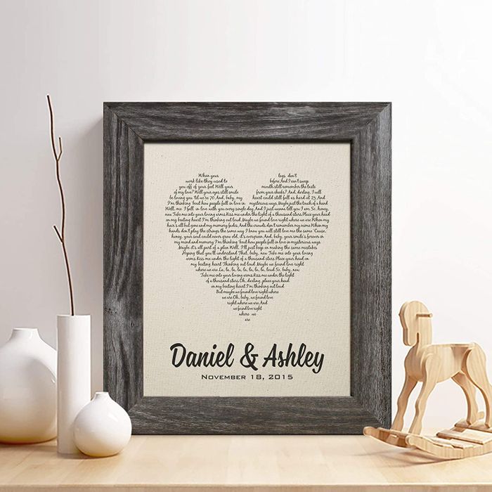 lyrics to a song shaped as a heart with the names Daniel and Ashley at the bottom along with a date