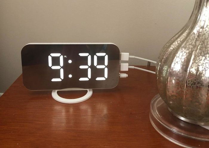 The alarm clock displayed on a reviewer’s nightstand.