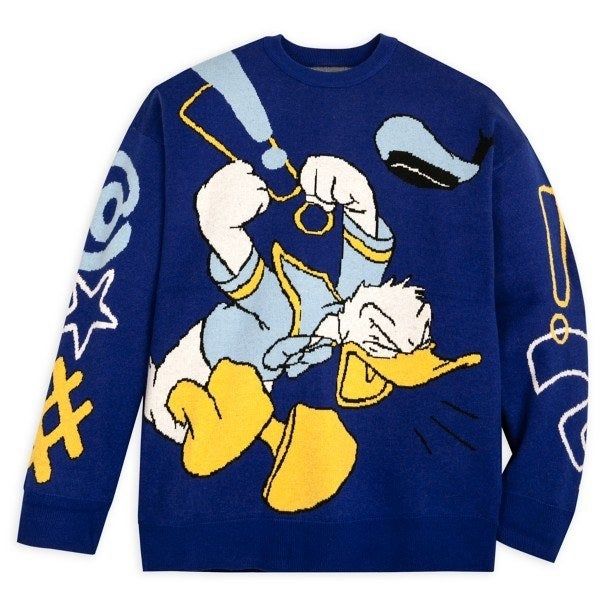 A blue knitted sweater featuring an angry Donald Duck design
