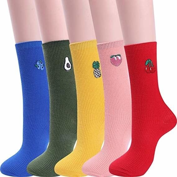 Five pairs of socks, each showcasing a different color, with an embroidered fruit design on each one.