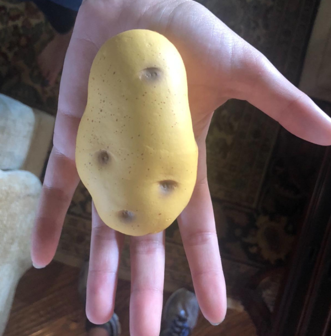 A reviewer showcasing the potato-shaped stress toy in hand.