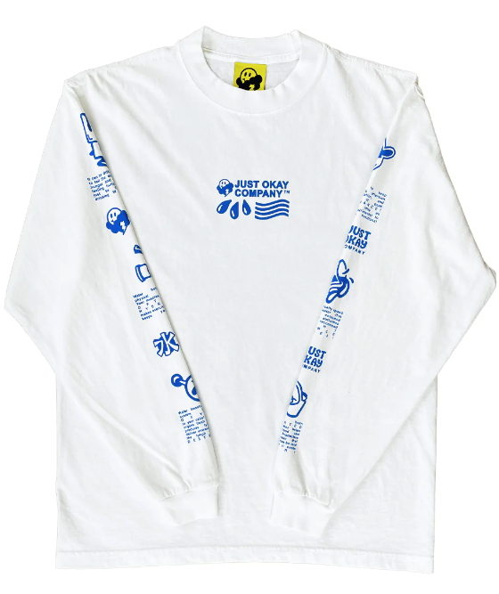 A white shirt featuring the Just Okay Co. logo and blue water droplets on the front, with matching designs running down the sleeves.