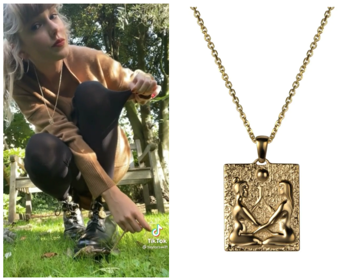 A side-by-side photo of Taylor Swift wearing the necklace next to a gold necklace featuring a square-shaped charm
