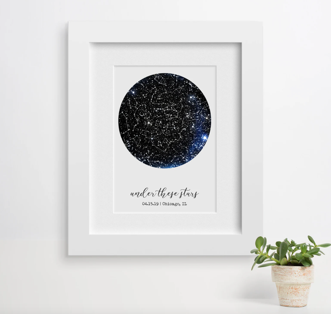 A framed personalized constellation map hanging on a wall