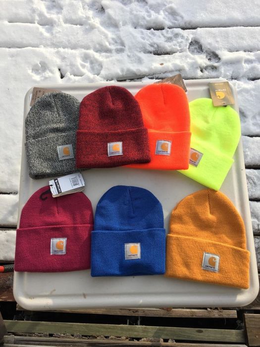 Photo showcasing six different Carhartt beanies