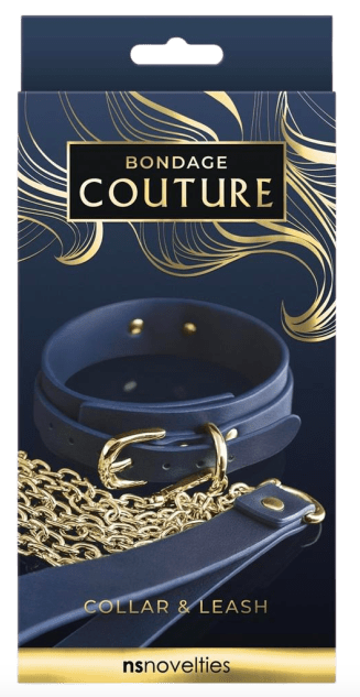 Soft faux leather collar featuring a gold buckle and chain details, displayed on its packaging