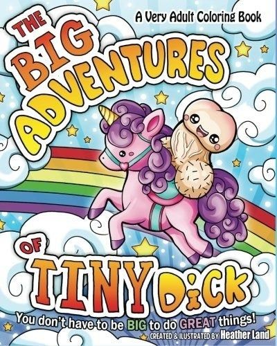 Coloring book cover featuring a cheerful cartoon penis riding a unicorn across a rainbow