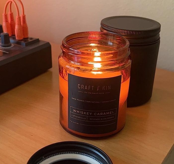 A reviewer’s photo of the whiskey caramel candle