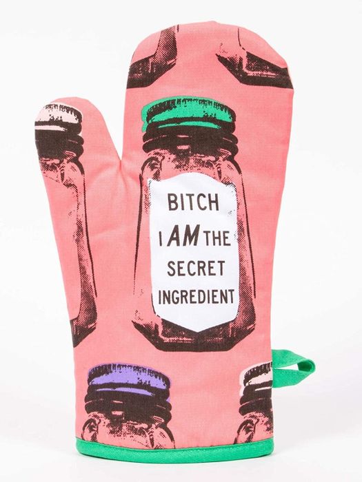 Graphic-designed oven mitt displaying the phrase 