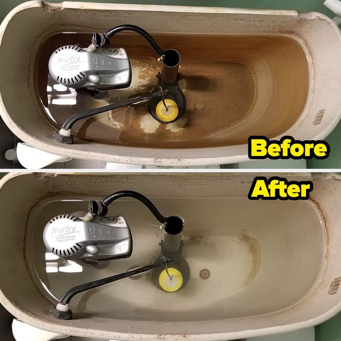A reviewer's before-and-after images showcasing the transformation of their toilet tank after using the product
