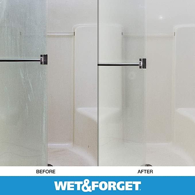 A shower door covered in grime/The same door now spotless