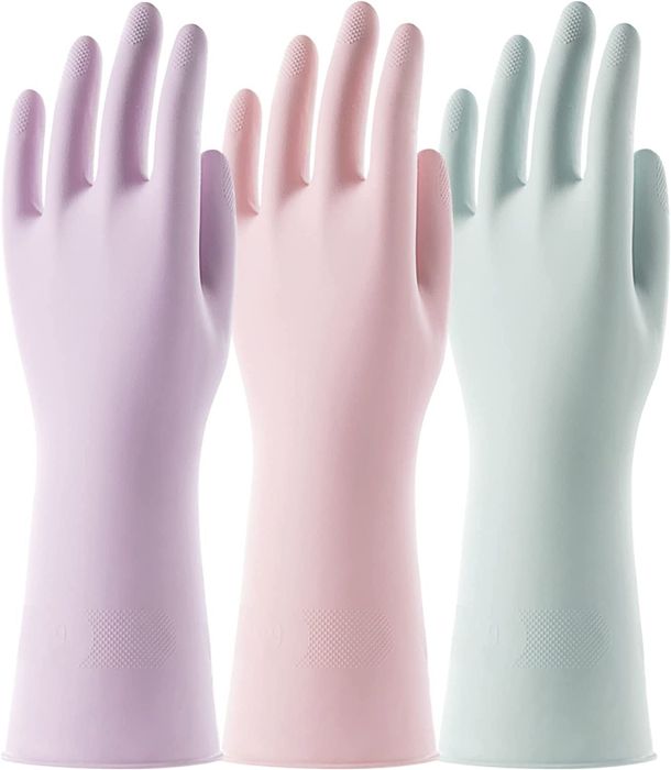 A set of three pastel-hued rubber gloves in different shades