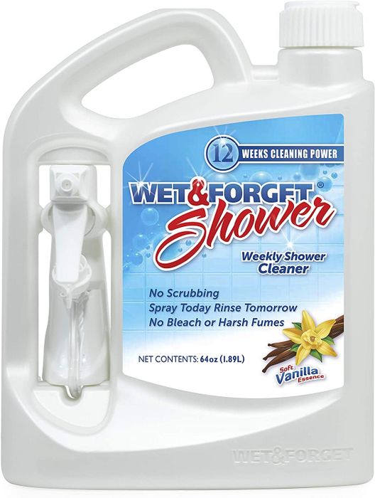 A white bottle labeled Wet & Forget Shower cleaner
