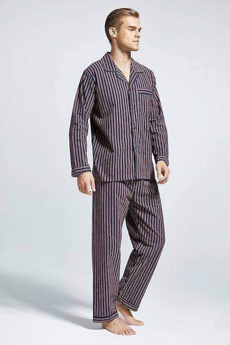 A model showcasing the striped pajamas