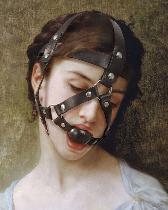 A classical-style portrait of a woman, enhanced with a leather and metal face harness and a ball gag.