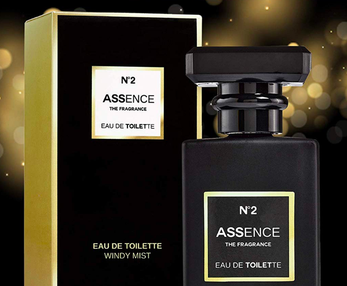 Elegant perfume bottle displayed alongside its packaging