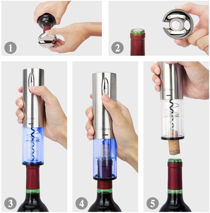 A graphic showing the foil-removing cap, and the process of cork extraction.