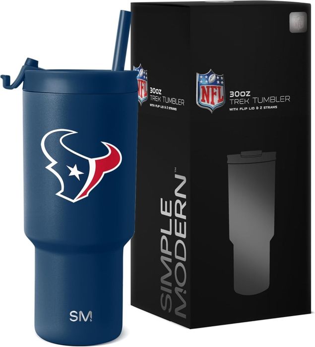 NFL Houston Texans tumbler with logo, complete with lid and straw, displayed alongside its packaging