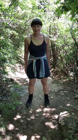 GIF of Rachel jumping around, showcasing the built-in shorts