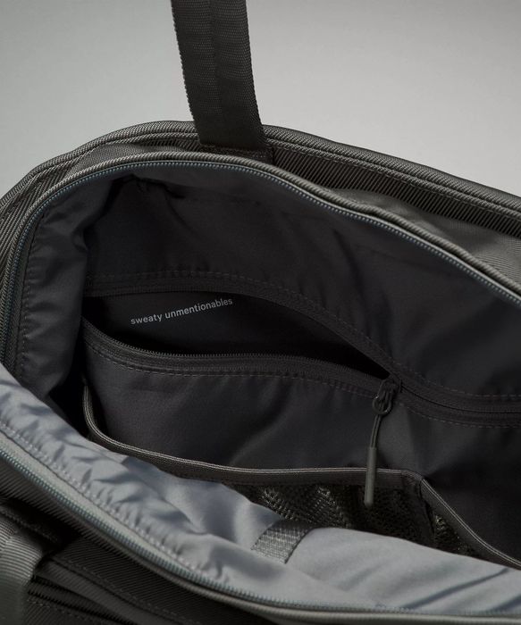 A close-up of the interior of a gray bag