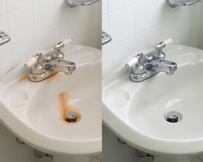 a before-and-after image of a sink that has been thoroughly cleaned of rust