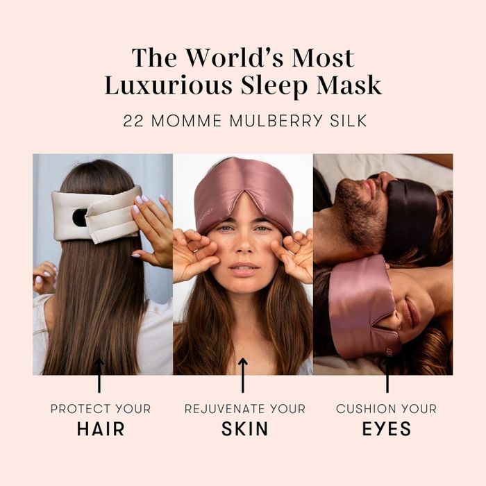 An advertisement for a silk sleep mask featuring three individuals, highlighting its key benefits: protecting hair, rejuvenating skin, and cushioning eyes.