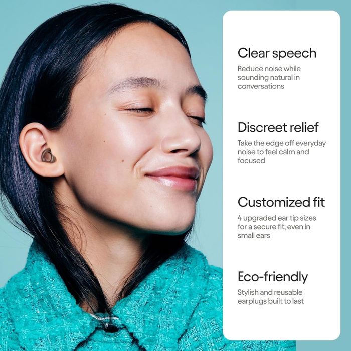 A person sporting unobtrusive earplugs, with a relaxed smile and eyes closed. Text: 