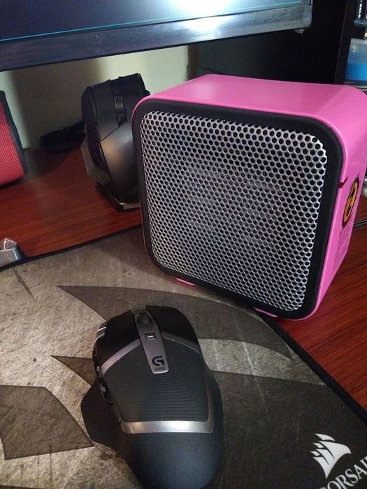 The pink space heater placed on a reviewer's desk