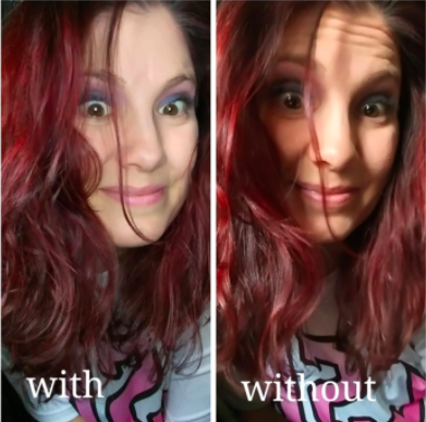 A reviewer demonstrating the difference in their appearance before and after using the light.