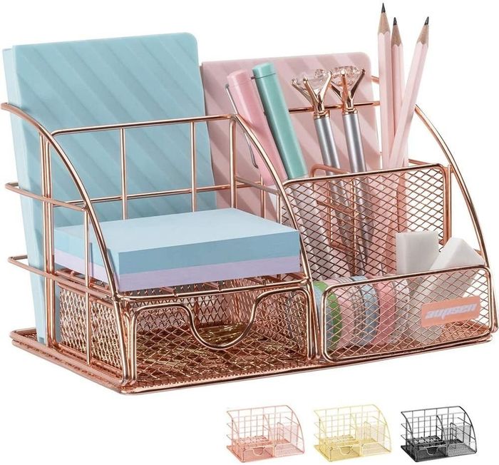 Image of a rose gold organizer, with gold and black accents at the base
