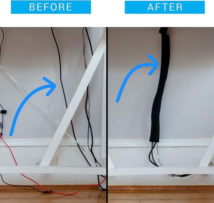 Before: A chaotic mess of wires under a desk. After: Everything neatly zipped into a sleeve, creating a much cleaner and organized space.