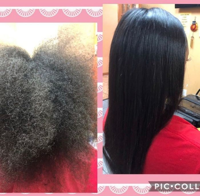Before and after images of a reviewer’s dull, coarse hair transforming into shiny, straight locks.