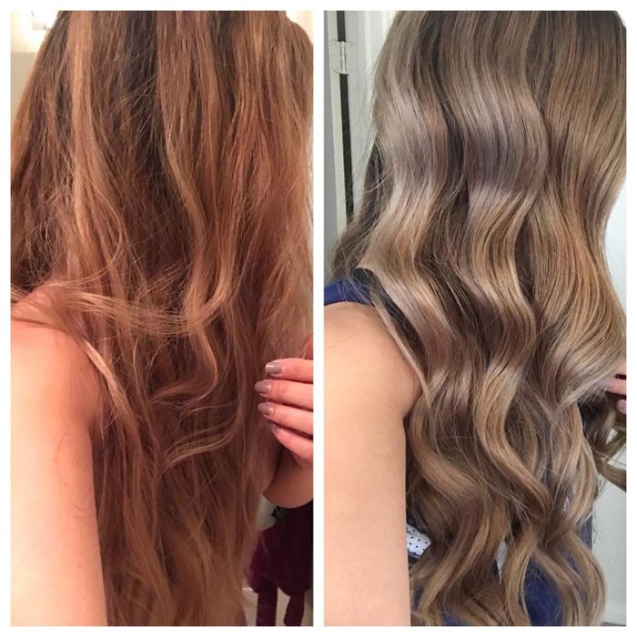 before and after photos showing a reviewer’s orange and brassy hair turning into smooth, even blonde hair