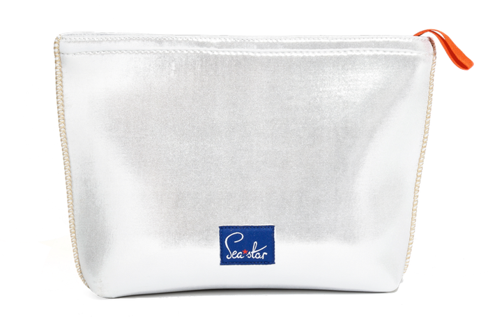 A silver zippered pouch