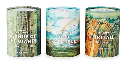 The three candles, each one inspired by a different national park, with illustrations representing each location.