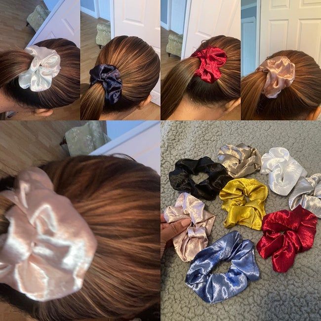 A collage of the reviewer showcasing different colors of satin scrunchies worn in a high ponytail