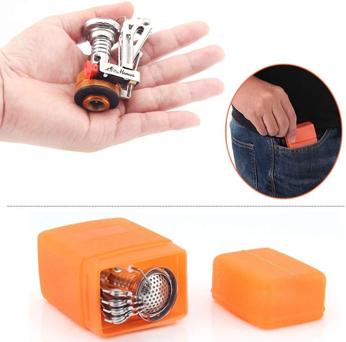 The compact and easy-to-store parts of the camping stove.