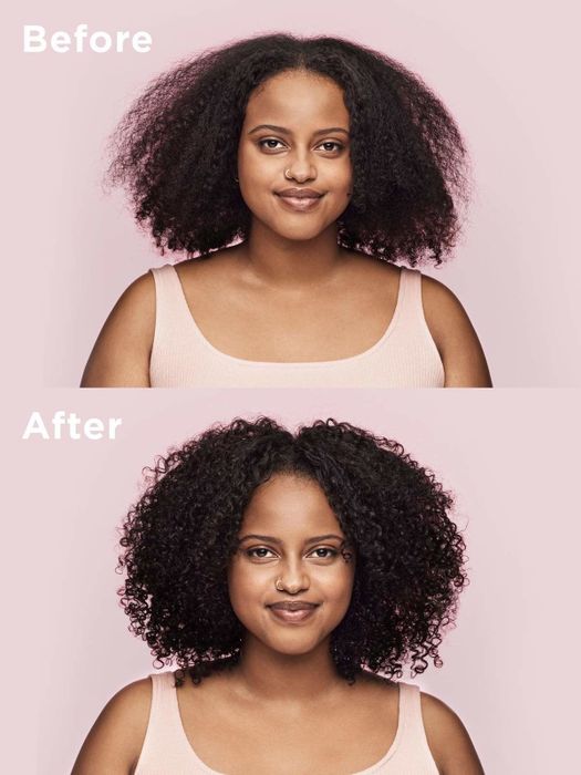 Before and after photos of a model with frizzy hair that transforms into lush, defined coils.