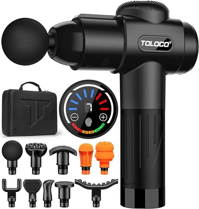 The massage gun, along with its carrying case and 10 interchangeable massage heads, is presented.