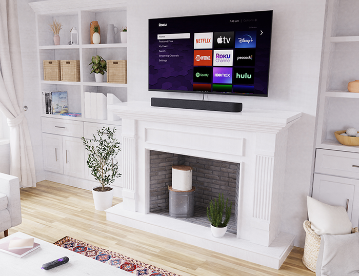 The streaming bar placed beneath the television.