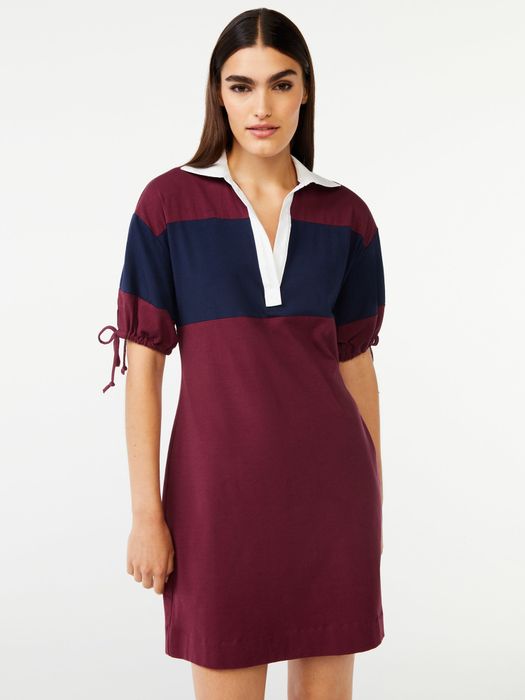 A model showcasing a red, white, and blue dress