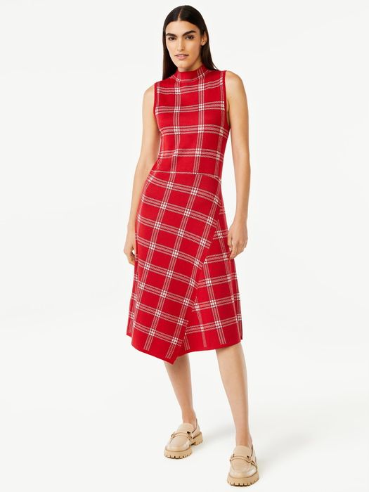 A model wearing a red plaid dress