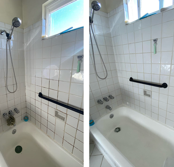 Before-and-after image of a shower, showing how the dirty, stained surface was transformed into a spotless, clean area.