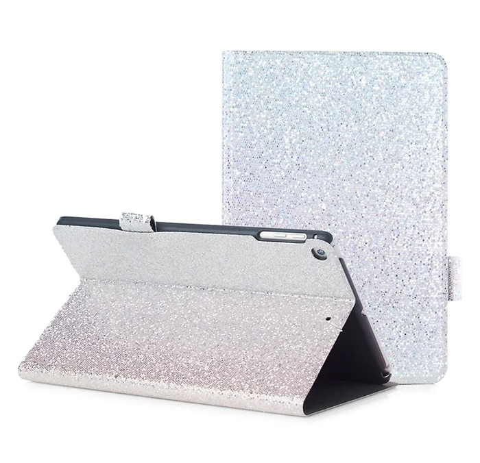 The sparkling iPad case being used to prop up an iPad, with the case displayed on its own.