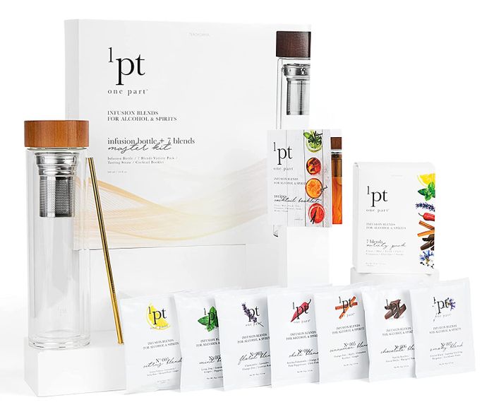 An infusion bottle, seven unique infusion blends, and a recipe book to guide them in creating delicious, custom drinks.