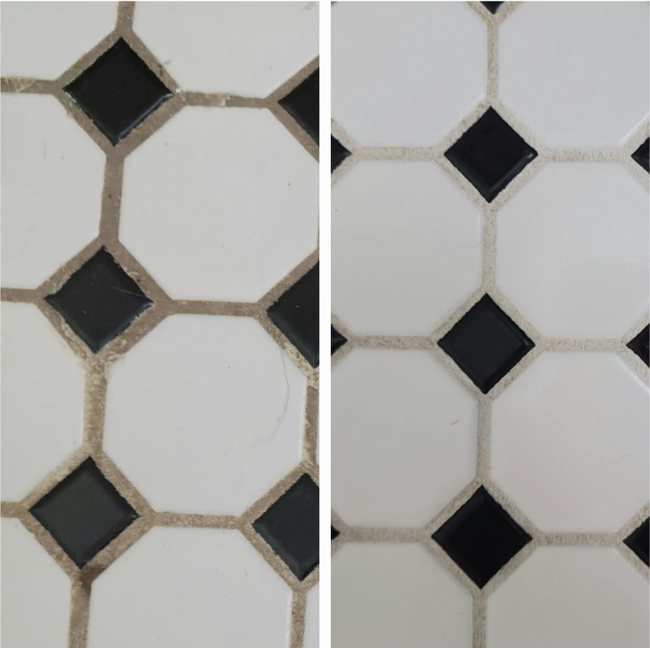 reviewer's bathroom floor tile with filthy grout and then the same grout all cleaned up