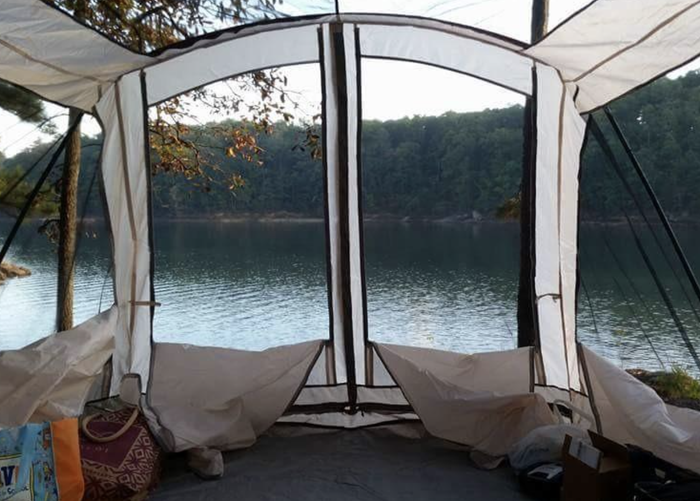 Another reviewer highlighting the breathtaking lake view visible right from the awning.