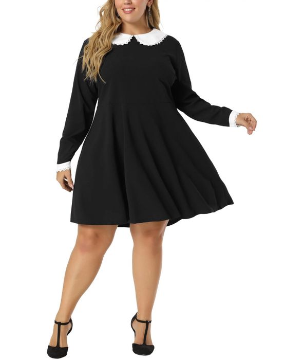 A black dress with long sleeves and a white collar, offering a sleek and elegant look.